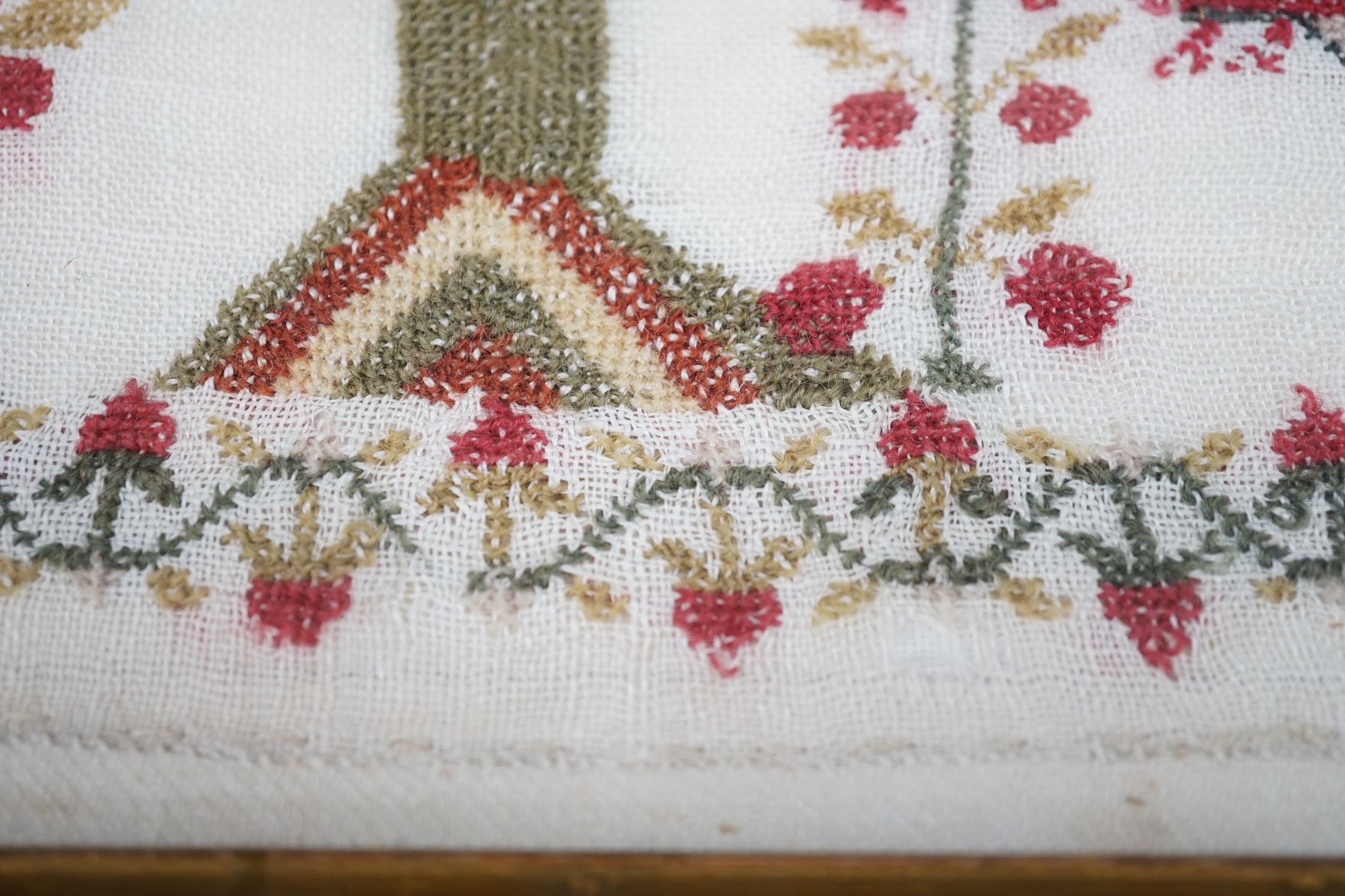 A framed 19th century sampler, 44cm sq excl frame